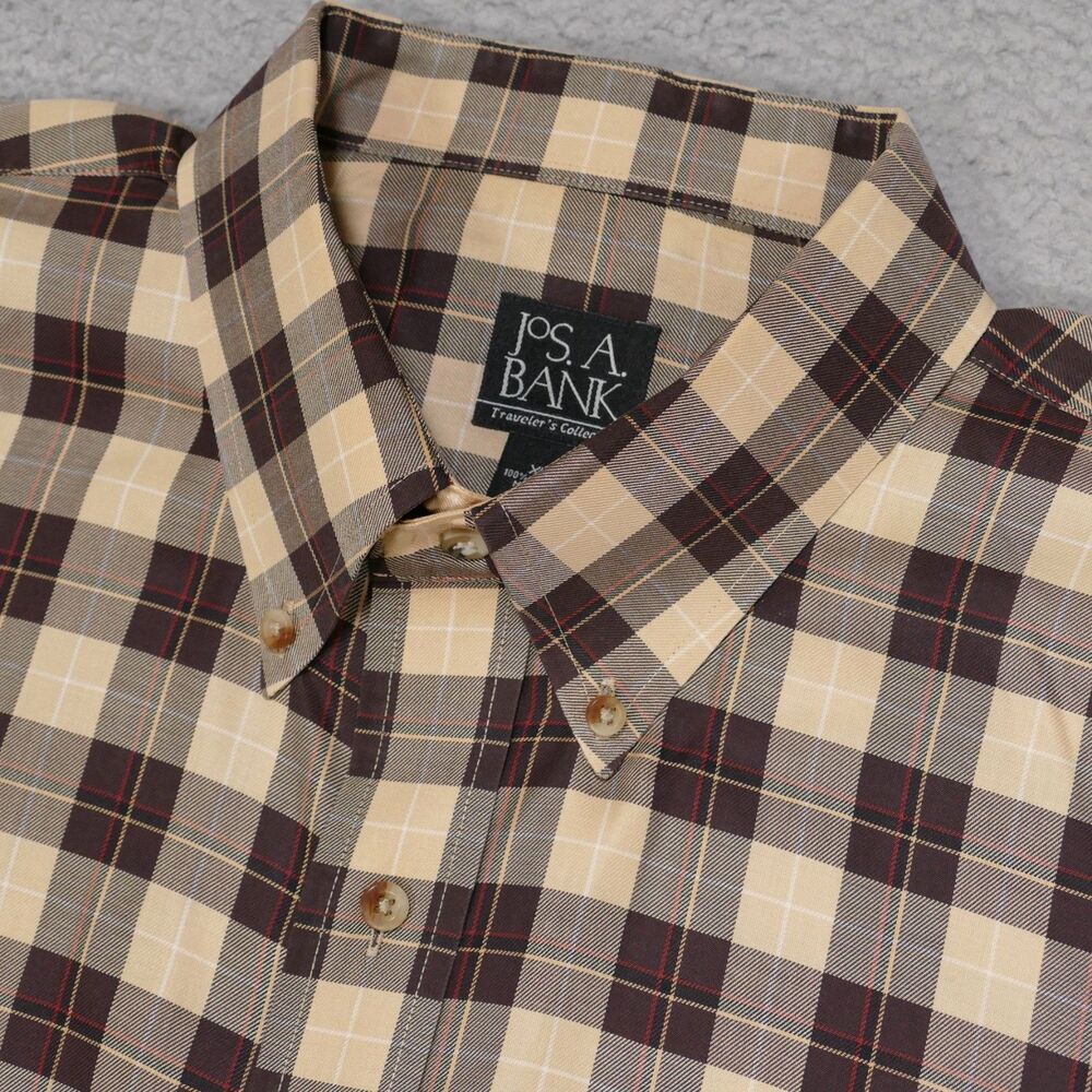 Jos A Bank Traveler Shirt Mens XL Brown Plaid Button Up Long Sleeve